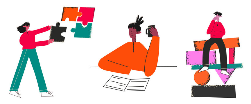 vector set of trendy multicultural people students.Ethnic students with coffee, geometric shapes, pazzles.The concept of education at the university and remote study of sciences.Textured flat people