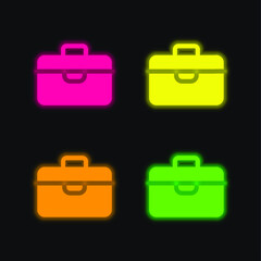 Briefcase four color glowing neon vector icon