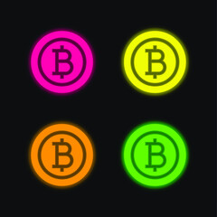 Bitcoin four color glowing neon vector icon