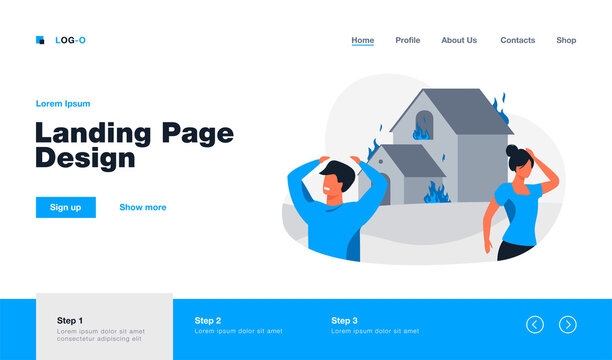 Man and woman standing outside burning house. Fire, danger. Flat vector illustration. Emergency concept can be used for presentations, banner, website design, landing web page