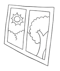 Cartoon vector illustration of window and day, sun and tree