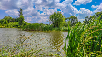 Landscape with a lake and clouds in the sky in the summer season