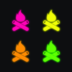 Bonfire four color glowing neon vector icon