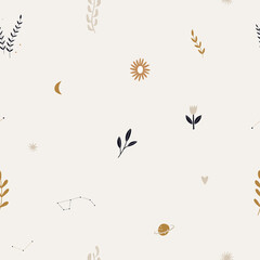 modern minimalism style in bed colors. signs and symbols of space, beautiful women goddesses, boho style elements. printing on clothes, paper and postcards