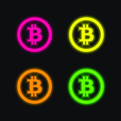 Obraz premium Bitcoin four color glowing neon vector icon