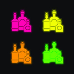 Bottles four color glowing neon vector icon