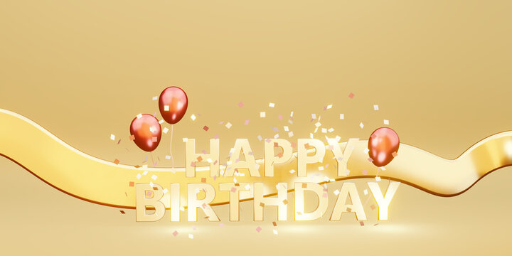 happy birthday message background image with balloons and ribbons 3D illustration