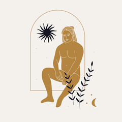 modern minimalism style in bed colors. signs and symbols of space, beautiful women goddesses, boho style elements. printing on clothes, paper and postcards