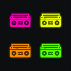 Boom Box With Controls And Settings four color glowing neon vector icon