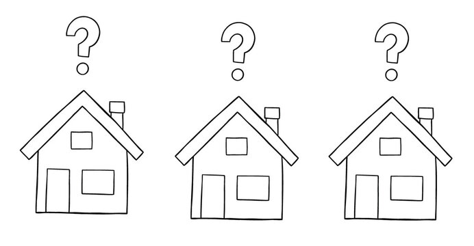 Cartoon vector illustration of three houses with question marks