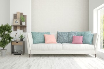 White living room with sofa. Scandinavian interior design. 3D illustration