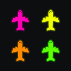 Obraz premium Airplane With Four Engines four color glowing neon vector icon