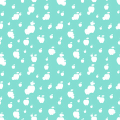 Random white silhouette apples seamless pattern.Simple garden fruits ornament on blue background.