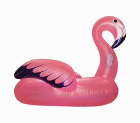 There is an inflatable pink flamingo. White background. Isolated.