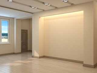 Empty Corner Interior with Sea View. Brown Door, Beige Plastered Walls with Cornice Light, Light Parquet and Plinth. 3D Illustration, 7680x5760 © SK-Studio
