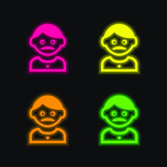 Obraz premium Adult Man With Moustache four color glowing neon vector icon