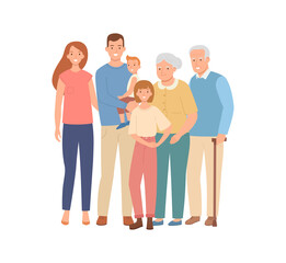 Happy family in flat style - mother, father, son, daughter, grandparents.