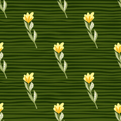 Summer style seamless pattern with orange flowers elements. Green striped background. Vintage print.