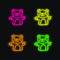 Bear Toy four color glowing neon vector icon