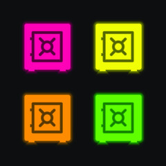 Bank Safe Box four color glowing neon vector icon