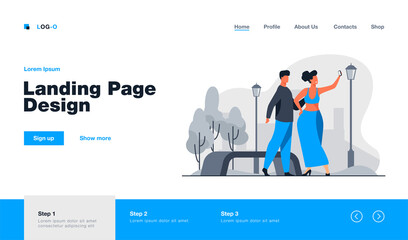 Young man and woman taking photo in park. Walking, happiness. Flat vector illustration. Selfie and memory concept can be used for presentations, banner, website design, landing web page