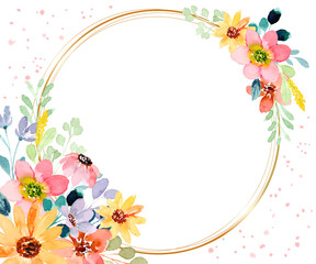 Watercolor floral background with golden circle
