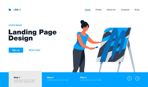 Female artist painting picture. Woman with paintbrush, easel, artwork in studio. Flat vector illustration. Art, workshop, creativity concept for banner, website design or landing web page