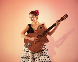 Flamenco dancer spain woman gypsy with red rose and spanish guitar - obrazy, fototapety, plakaty