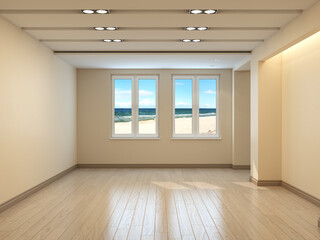 Empty Beige Interior with a Sea View, Cornince light on the Right against the Wall, Light Parquet and Skirting Boards with Work Path on Windows. 3D rendering, 7680x5760 