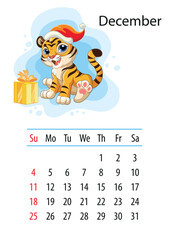 Tiger wall calendar design template for december 2022