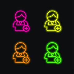 Add A Contact On Phone Interface Symbol Of A User With A Plus Sign four color glowing neon vector icon