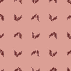 Herbal seamless pattern with simple leaves silhouettes print. Pastel pink background. Nature backdrop.