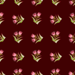 Pink and green colored bell flowers shapes seamless doodle pattern. Dark maroon background. Nature backdrop.