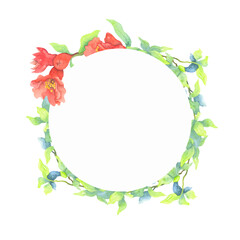 Bright watercolor wreath of red flowers and green leaves.
