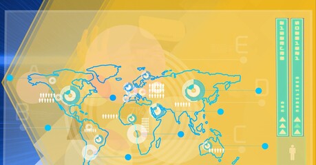 Data processing and world map over globe against yellow technology background