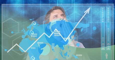 Data processing and world map on globe against businessman yawning over green technology background