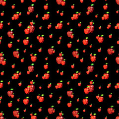 Stylish seamless pattern with random red low-poly apples.Summer digital polygonal fruit ornament on black background