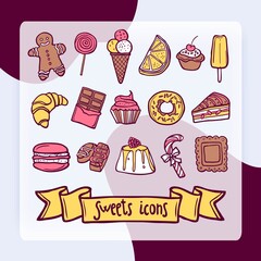Sweet sketch decorative icon set with ginger man icecream marmalade isolated vector illustration