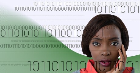 Binary coding data processing over portrait of businesswoman against green technology background