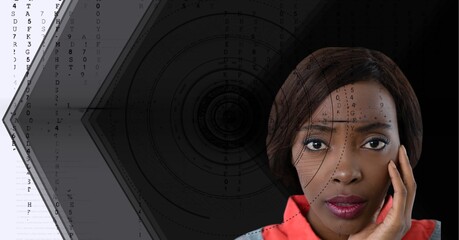 Round scanner and data processing over portrait of businesswoman against grey technology background