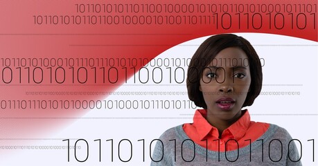 Binary coding data processing over portrait of businesswoman against red technology background