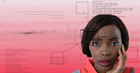 Geometry shapes and data processing over portrait of businesswoman against pink gradient background