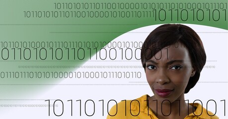 Binary coding data processing over portrait of businesswoman against green technology background