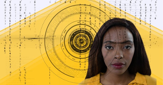 Round scanner and data processing on portrait of businesswoman against yellow technology background