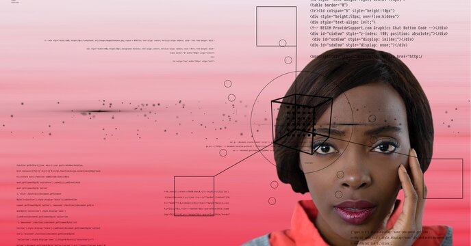 Geometry shapes and data processing over portrait of businesswoman against pink gradient background - Powered by Adobe