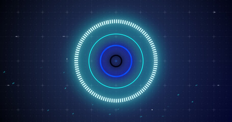 Image of glowing blue scope scanning and spinning with glitch on grid background