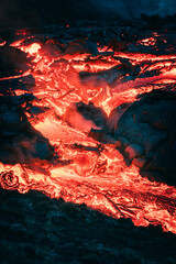 Atmospheric close-up view of flowing lava at volcano in Geldingadalir, Iceland — June 2021