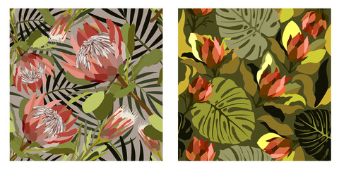 Fototapeta na wymiar Vector set of two seamless patterns with protea and tropical leaves.