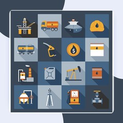 Oil industry drilling gas terminal fuel canister icons flat set isolated vector illustration
