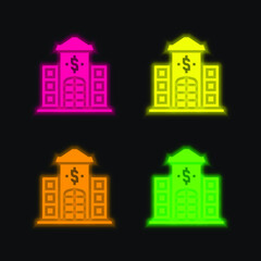 Bank four color glowing neon vector icon
